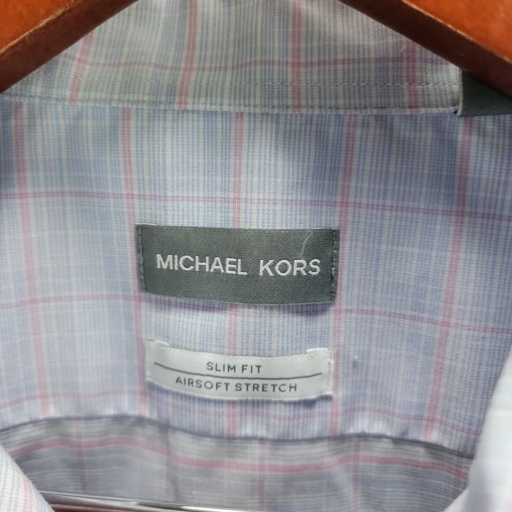 Michael Kors Shirt Mens 17 34 35  XL Blue Plaid Slim Fit Air Soft Button Front